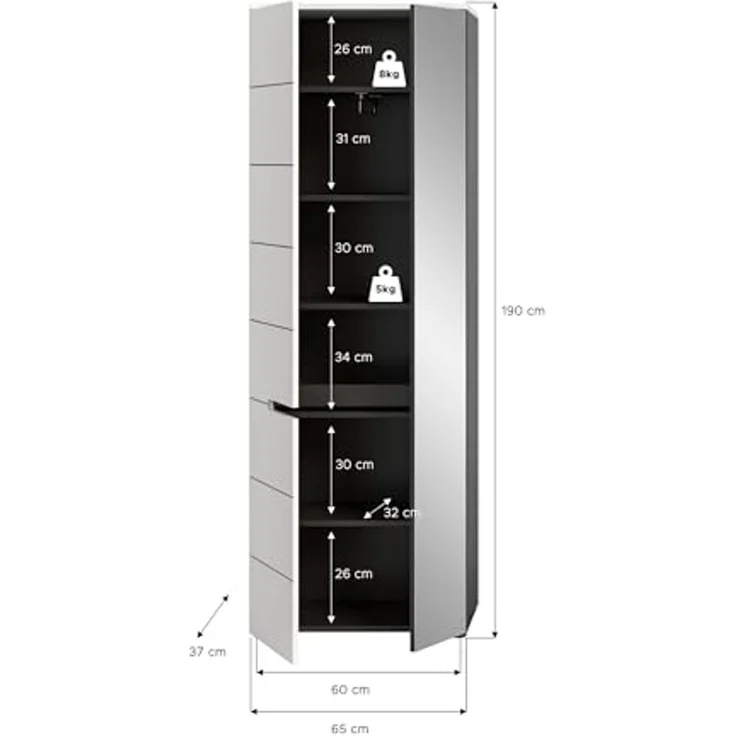 Garderobenschrank >Canu< in Basalt Grau / Weiß - 65x190x37cm (BxHxT) – Bild 3