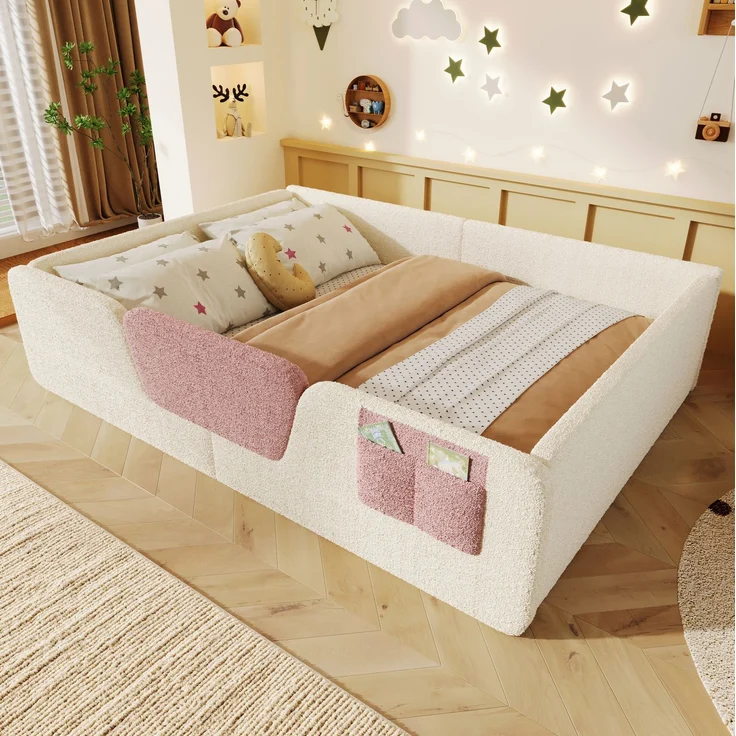 CHICFURN Polsterbett aus Samt Beige 140x190 cm mit abnehmbaren Seitengittern – Bild 1