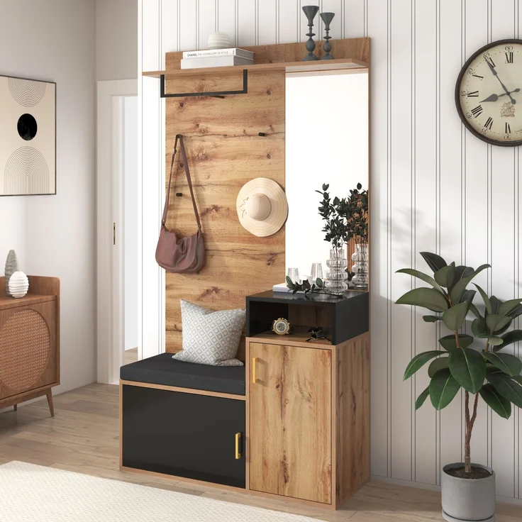 Merax Garderoben-Set,mit 4 Kleiderhaken, Spiegel, Schuhschrank, Wandgarderobe, oberes Ablagefach, Flurgarderobe Sitzbank – Bild 3