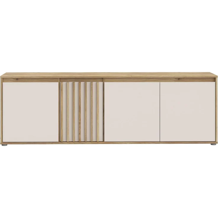 Forte ELISTON TV-Schrank 170 180, modernes Lowboard mit Lamellendesign, 4-türig, Wohnzimmer, Mauvella Eiche Holzdekor|Kashmir Beige, 174,3 cm breit x 56,1 cm hoch x 41,5 cm tief – Bild 2