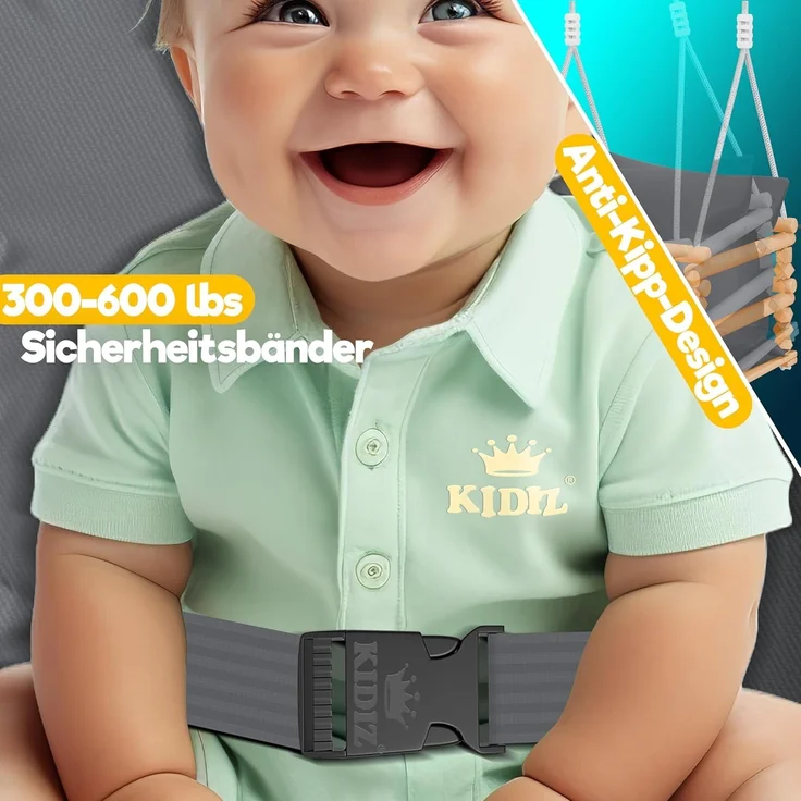 KIDIZ® Babyschaukel Kinderschaukel Schaukelsitz mit Polsterung | Holz-Schaukel mit Anti-Kipp bis 60KG | Höhenverstellbar Indoor & Outdoor | 0,5 - 3 Jahre | Montagezubehör & Sicherheitsgurt Anthrazit – Bild 7