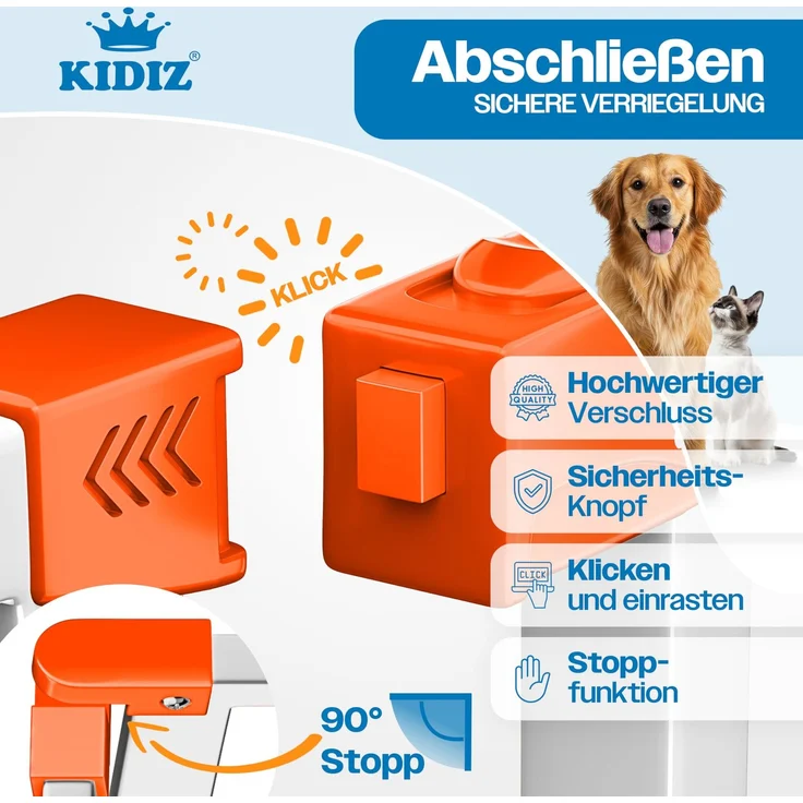 KIDIZ® Absperrgitter zum Klemmen mit Katzenklappe, Türschutzgitter, Autoclose Kinder Treppengitter ohne Bohren | 90° Stopp Schutz, schwenkbar, Treppenschutzgitter Orange, 74 - 80 cm – Bild 3