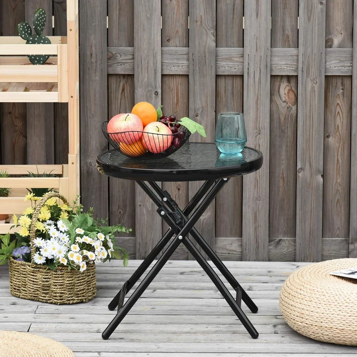 Outsunny Gartentisch Beistelltisch Bistrotisch mit Glasplatte rund klappbar Metall Ø45 schwarz – Bild 2