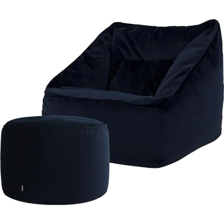 Icon Natalia Sitzsack Sessel mit Sitzpuff für Erwachsene, Dunkelblau, Flauschiger Samtstoff, Riesen Sitzsack Samt mit Füllung, Bean Bag Chair, Bequemer Sessel Wohnzimmer, Lounge, Schlafzimmer, Büro – Bild 6