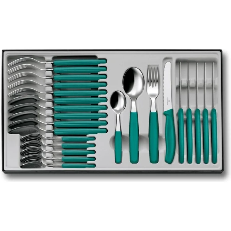 Victorinox Classic Besteck-Set, mit Tafelmesser, Gabel, Löffel, 24-teilig, Extra Scharfe Klinge, Wellenschliff, 11 cm, Rostfreier Stahl, Grün – Bild 1