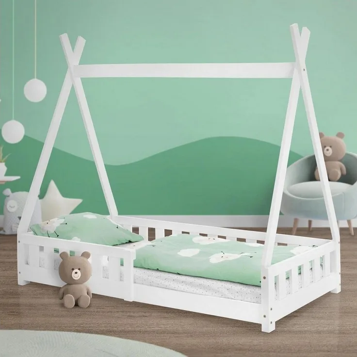 ML-DESIGN Kinderbett Hausbett Tipi Zeltbett inkl. Lattenrost Bodenbett Kinder Himmelbett, Abenteuerbett mit Rausfallschutz Zelt Spielbett Kiefer Weiß Kinderhaus
