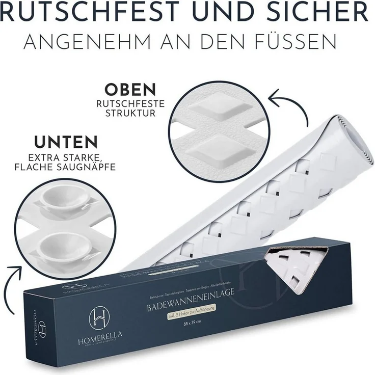 Homerella Badematte rutschfest Hautsensitiv 88x39 cm, INKL. AUFHÄNGUNG, Antirutschmatte Badewanne BPA frei, Duschmatte schimmelresistent & maschinenwaschbar – Bild 3