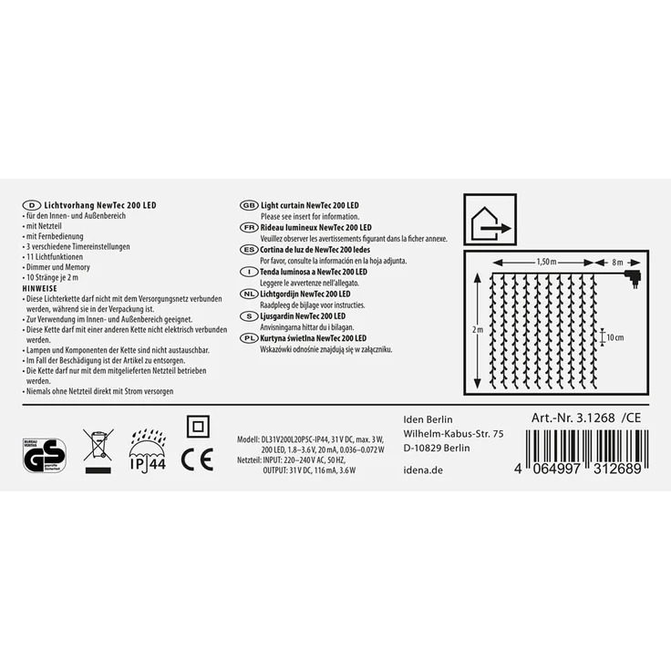 Idena LED-Lichtervorhang 200er NewTec, warmweiß/bunt, 2 x 1,5 m, mit Fernbedienung und Timer – Bild 2