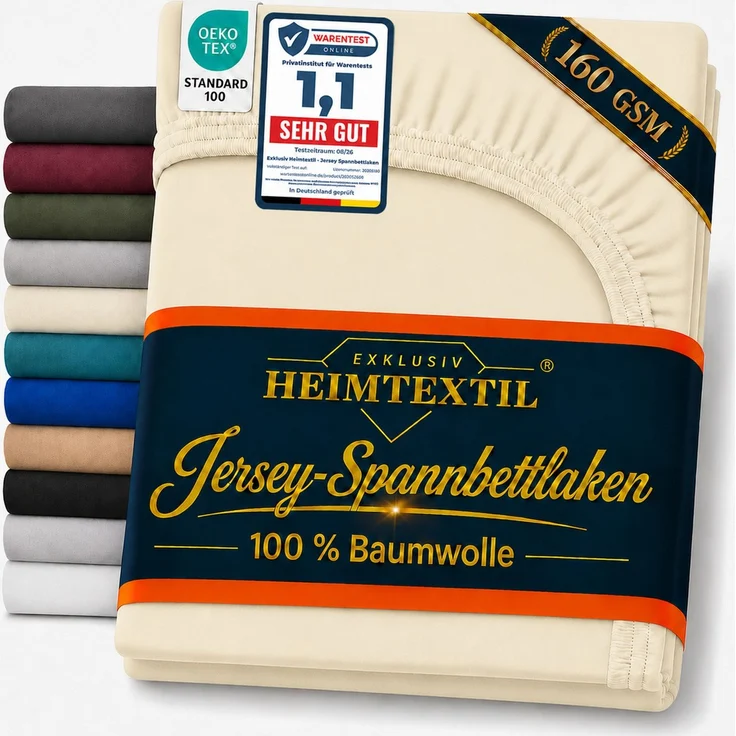 EXKLUSIV HEIMTEXTIL Jersey Spannbettlaken Deluxe 90 x 200 cm Naturweiss 160 GSM, 100% Baumwolle Öko - Tex Zertifiziert Bed-Sheet Bettlaken Spannbetttuch Topper Leinentuch – Bild 1