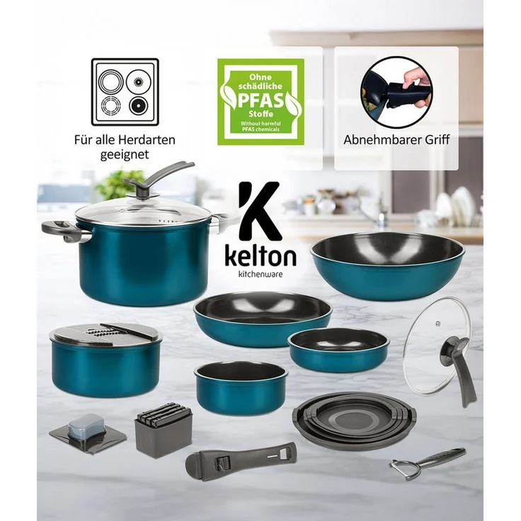 Genius Pfannen-Set Kelton 31 tlg, Kochgeschirr, inklusive Clia Genie Schwämmen, (Großes Koch-Set, 31 tlg), Platzsparendes Design mit abnehmbarem Griff & stapelbaren Elementen – Bild 1