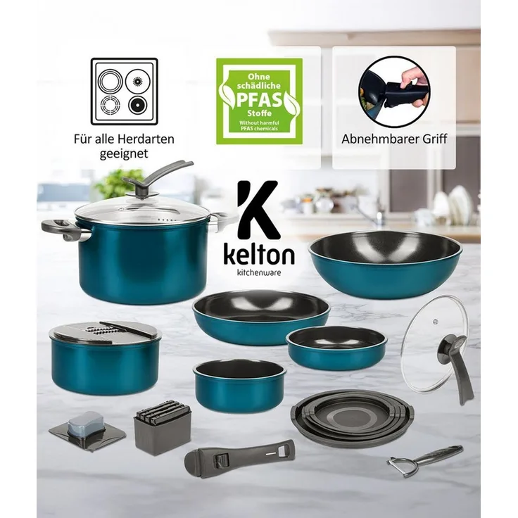 Genius Pfannen-Set Kelton 31 tlg, Kochgeschirr, inklusive Clia Genie Schwämmen, (Großes Koch-Set, 31 tlg), Platzsparendes Design mit abnehmbarem Griff & stapelbaren Elementen