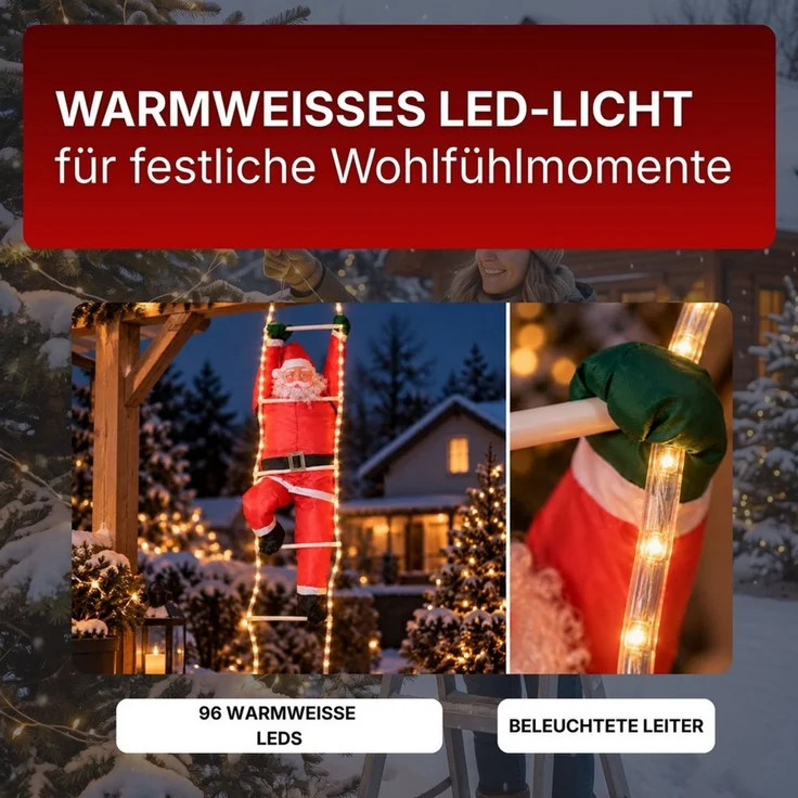 Gartenpirat Lichterkette Weihnachtsmann 120/200 cm auf Leiter mit LED beleuchtet für außen – Bild 4