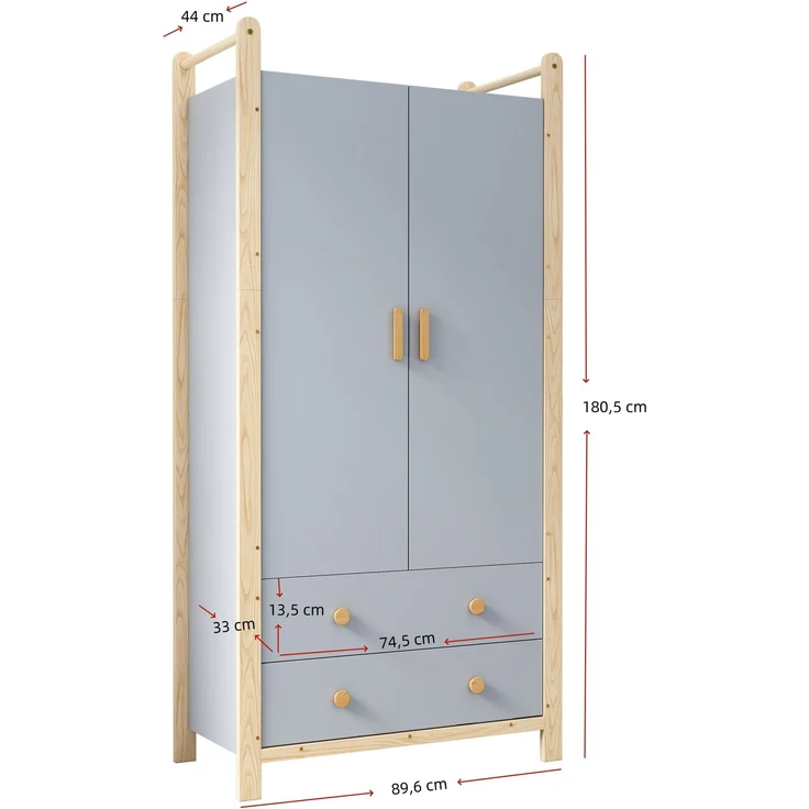 Doppelklappengarderobe, Kombinationsgarderobenset, Garderobe + Regal, Kinderzimmer-Set, Kombinationsmöbel, mit Kleiderstange und Schubladen, Fichtenrahmen, Farbkombination Blau + Naturholz, Höhe 180cm – Bild 6