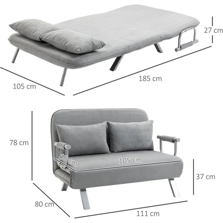 HOMCOM Schlafsofa Zweisitzer mit Bettfunktion, Einzelbett mit Kissen, Schlafcouch 1 Teile, für Wohnzimmer, Hellgrau – Bild 2
