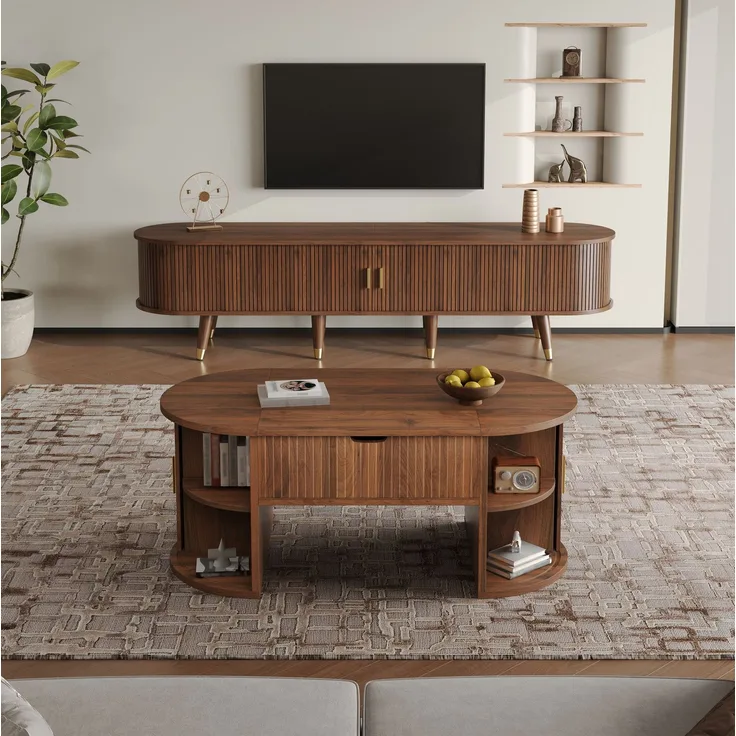 DESVIAE Couchtisch-Set 2-tlg. mit Hubplatte und TV-Schrank 100x40,5x50 cm / 175x44,7x38 cm MDF Nussbaum