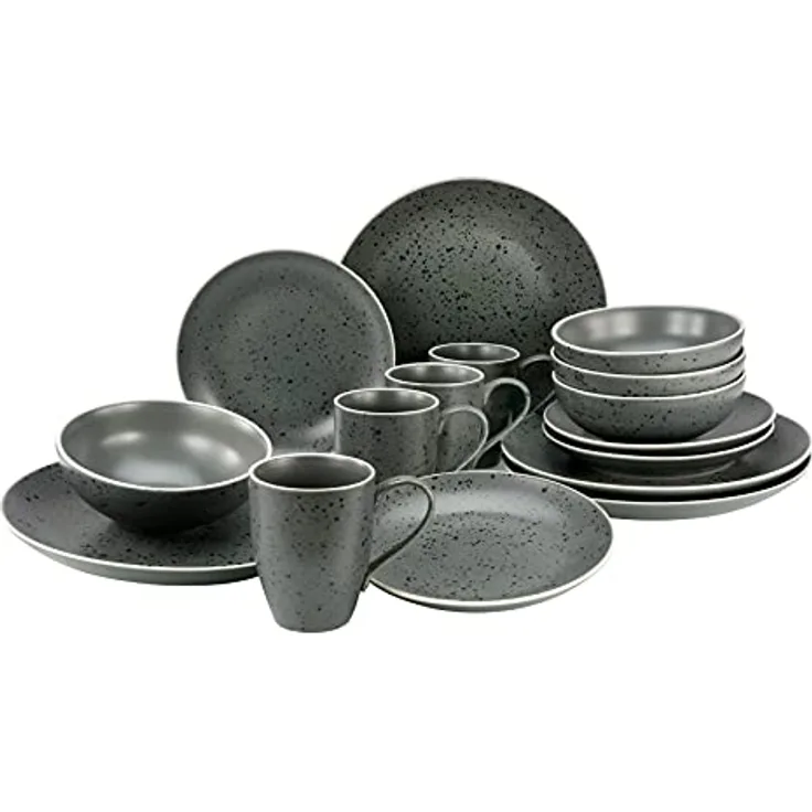 Creatable Kombiservice, 16-teiliges Geschirrset aus Keramik in Anthrazit, 330 ml und 400 ml Fassungsvermögen