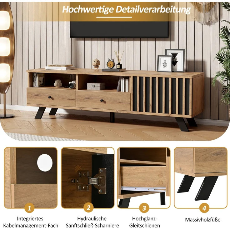 TV-Schrank 150 cm mit Holzmaserung in Natur & Schwarz – Fernsehschrank mit 2 Schubladen, 1 Schrank & offenen Fächern – Bild 8