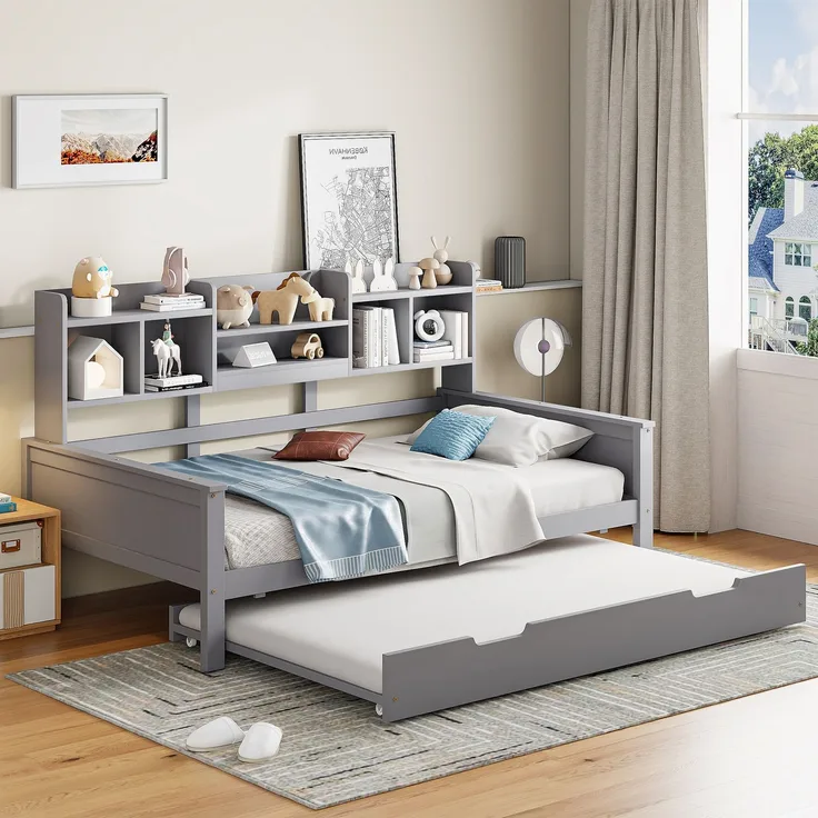 EINHOM Ausziehbares Schlafsofa 90 x 200 cm cm Massivholz, Ausziehbett 90 x 190 cm cm, mit Staufach und Lattenrost, Kiefer Multifunktionsbett, Einzelbett, Grau, (Ohne Matratze)