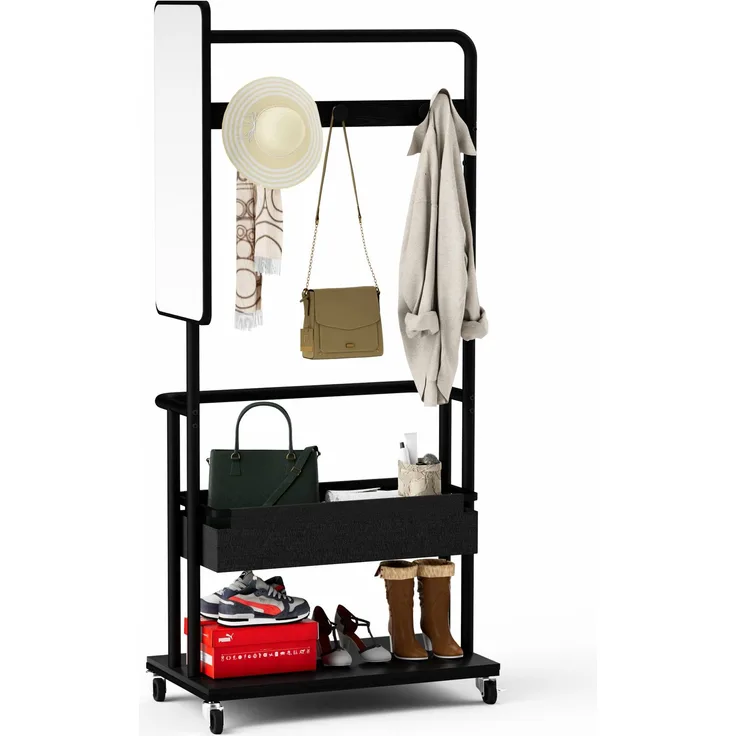Faumrta Robuster Kleiderständer aus Metall mit Rollen, 3-in-1-Design mit Korb und Spiegel, Kleiderbügel, mobiler Kleiderständer mit Rollen, geräumiger Garderobenständer, Schwarz, 70*40*170cm70CM*40CM*170CMSchwarzParticle Board,Steel