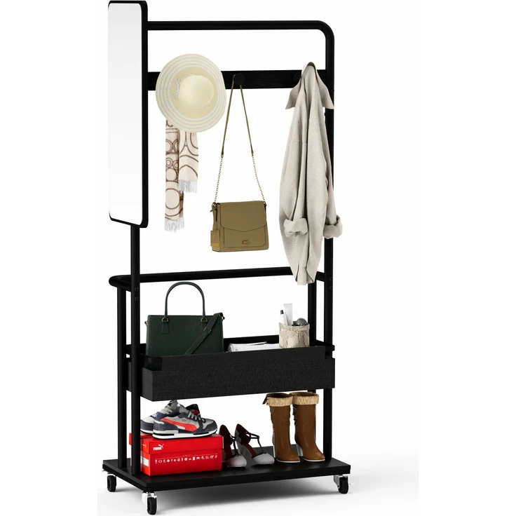Faumrta Robuster Kleiderständer aus Metall mit Rollen, 3-in-1-Design mit Korb und Spiegel, Kleiderbügel, mobiler Kleiderständer mit Rollen, geräumiger Garderobenständer, Schwarz, 70*40*170cm70CM*40CM*170CMSchwarzParticle Board,Steel – Bild 1