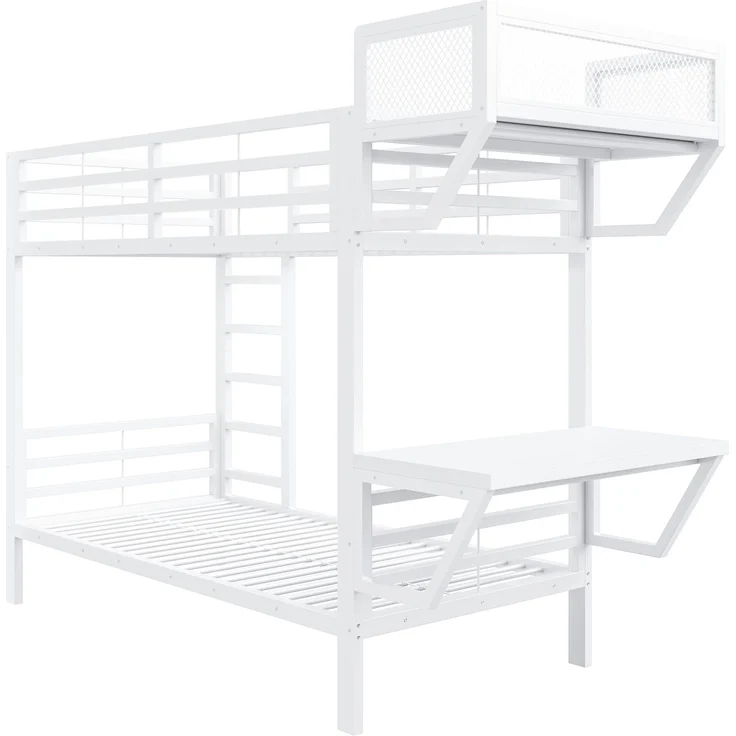 ZUBALIYA Metall-Etagenbett (90 x 200 cm) mit Schreibtisch und Ablagefächern, Lattenrost, platzsparendes Hochbett für Kinder, Jugendliche und Erwachsene, Weiß – Bild 19