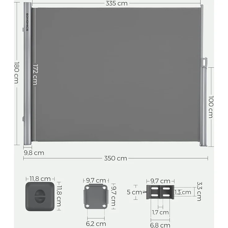 SONGMICS Alu-Seitenmarkise, ausziehbar, 180x350 cm, Blickdicht, Sonnenschutz, blickdicht, Seitenrollo, für Balkon, Terrasse, Garten, grau GSA185G01 – Bild 2