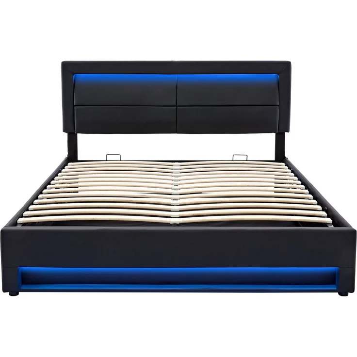 Merax Polsterbett, Doppelbett, 140x190 cm, mit USB-Anschluss (unterstützt kabelloses und kabelgebundenes Laden), LED-Beleuchtung und Stauraum, PU, schwarz – Bild 9