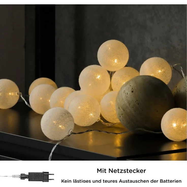 COZY HOME LED-Lichterkette Cotton Balls - Strombetrieben, 20 LED I 6m I Warmweiße LED-Cotton Ball I Hausbett Bunt Deko – Bild 2