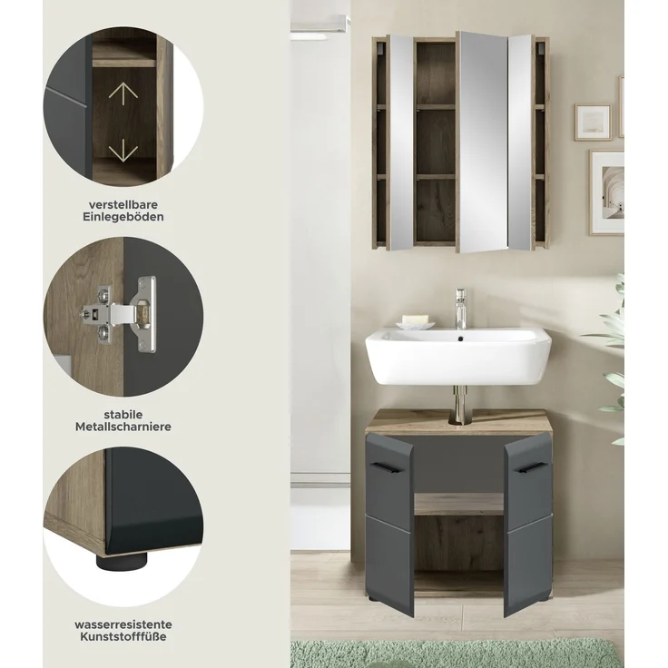 Badkombination (B/H/T: 60x185x30 cm) in schwarz matt und Nox Oak Nachbildung – Bild 7