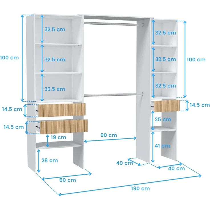 Habitdesign, Kleiderschrank– moderner Schlafzimmerschrank / Ankleideschrank in Artik weiß und Eiche Natur, viel Stauraum, Maße: 190 x 187 x 40 cm (B x H x T), Modell Ethna – Bild 9