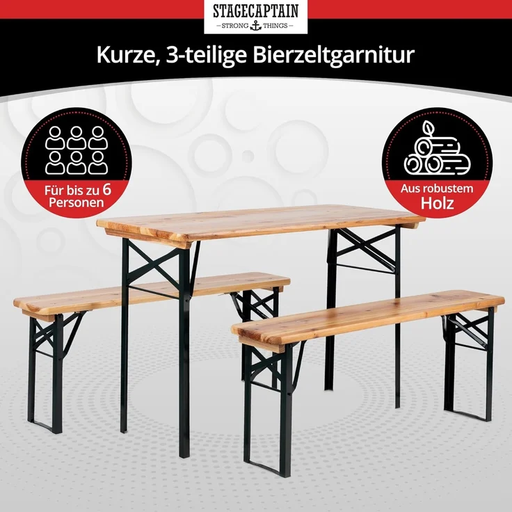 Stagecaptain Bierzeltgarnitur Hirschgarten BB-117 Sitzgarnitur 117 cm Länge, (Stehtisch Holz, 6-tlg, 4 x Bank, 2 x Tisch), Sitzmöbelset für Balkon Outdoor & Indoor, klappbar – Bild 2