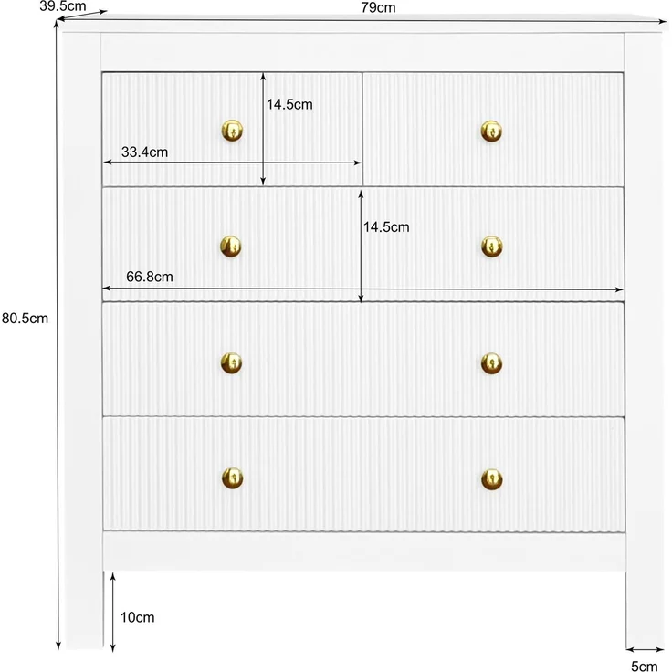Kommode mit 5 Schubladen Weiss Struktur Front Gold Griffe Sideboard Aufbewahrung Schrank Schlafzimmer Wohnzimmer 80cm – Bild 10