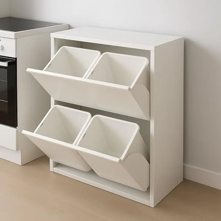 Dmora Platzsparender Abfalleimer für differenziert mit vier Eimer, Farbe weiß, Maße 60 x 92 x 25 cm