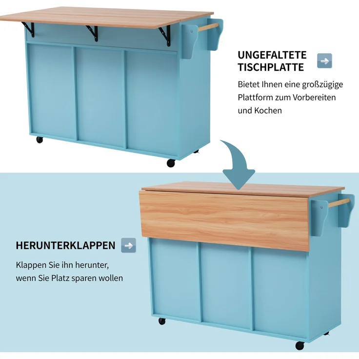129x46(71)x91,5 cm großer Speisewagen/Sideboard, Arbeitsplatte mit Massivholzmaserung + blauer Schrank/faltbare Arbeitsplatte/Aufbewahrungstür-Design/Räder/Massivholzfüße umschaltbar/für Zuhause geeig – Bild 4