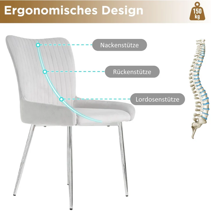 Esszimmerstuhl-Set, Samt mit Metallgestell, 4er-Set, 58×47×85 cm, Grau – Bild 5
