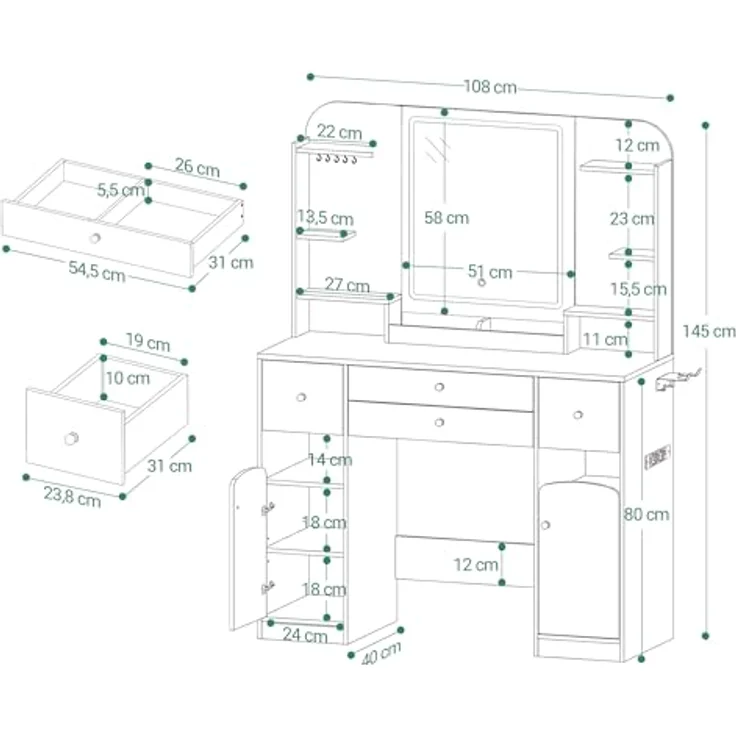 Schminktisch mit LED-Beleuchtung, mit Stecker und Föhnhalter, große Tischplatte 108 cm, Schminktisch mit 2 großen Schubladen mit Schmuckablage, 2 Schränke, 40 x 108 x 144 cm, Weiß – Bild 4