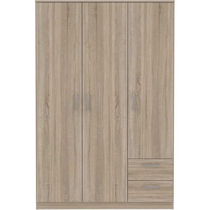 FORTE NIKO Schrank 120 130, Kleiderschrank, Drehtürenschrank Skandinavisch, 3-türig mit 2 Schubladen, Einlegeböden und Kleiderstange, Sonoma Eiche, 123 cm breit x 185 cm hoch x 53 cm tief