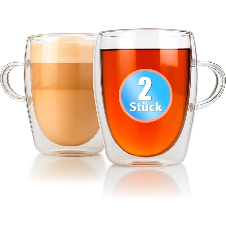 BigDean 2 Stück doppelwandige Latte Macchiato Gläser mit Henkel 300 ml Teetasse Thermogläser Teegläser Kaffeegläser in Geschenkverpackung
