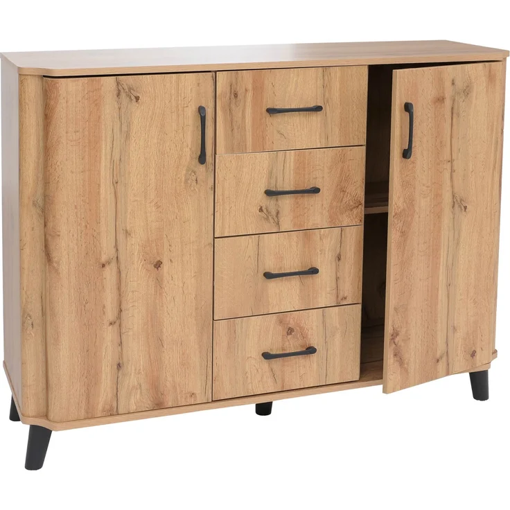 Kommode HWC-P42, Sideboard Schrank Anrichte, 4 Schubladen Staufächer 2 Türen, MDF 92 x 120 x 40 cm ~ Wotan-Eiche-Optik – Bild 9