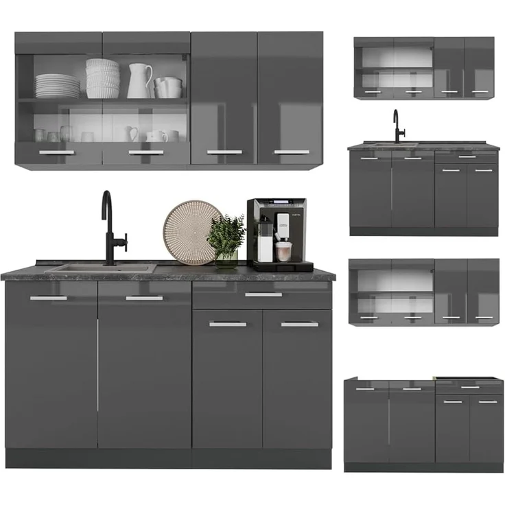 Singleküche R-Line Anthrazit Hochglanz/Anthrazit 140 cm ohne Arbeitsplatte Vicco – Bild 6