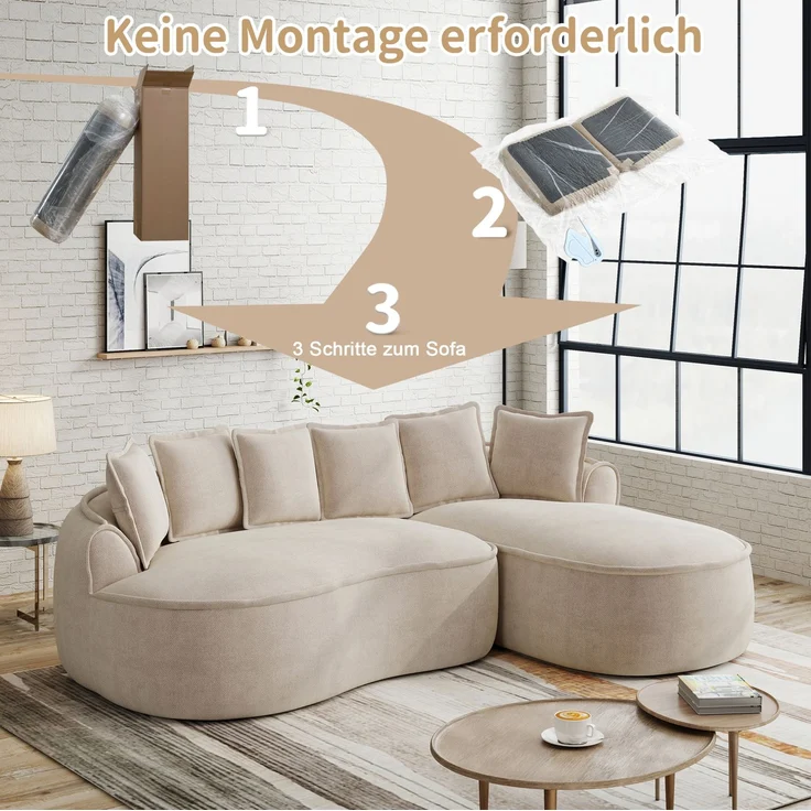 Modulares Sofa aus Chenille mit Chaiselongue, tiefe Sitzfläche, 252 x 164 x 67 cm, Hellbraun – Bild 7