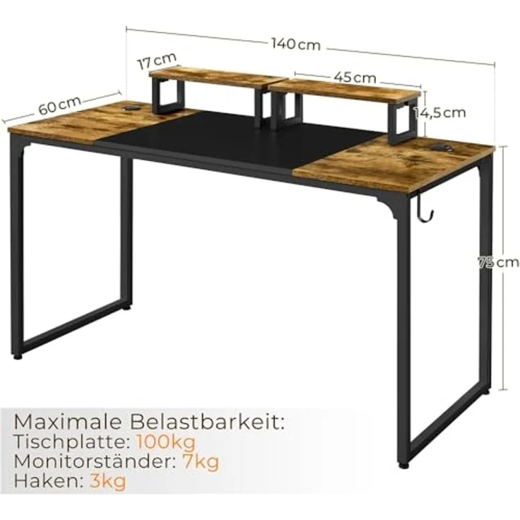Yaheetech Schreibtisch Computertisch, Arbeitstisch Lerntisch mit 2 Motorhalterung/2 Kabeldurchführungen/1 Kopfhörerhaken, 140 × 60 × 89,5 cm, Rustikales Braun – Bild 3