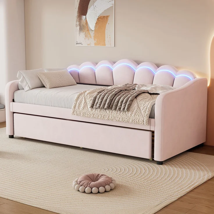 Ausziehbett 90/190–200×200 cm mit LED-Rückenlehne, Samt in Rosa, ohne Matratze – Bild 3