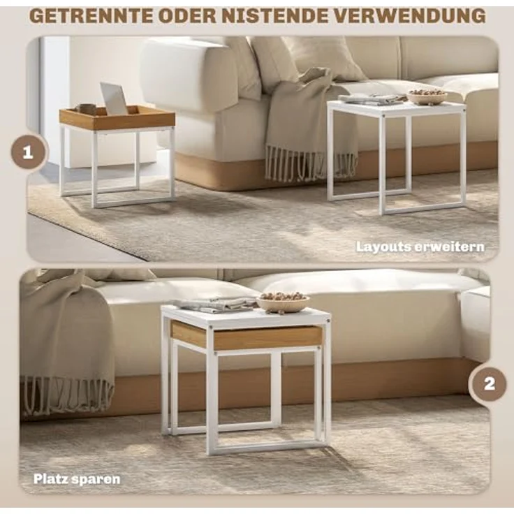 HOMCOM Couchtisch-Set, Weiß, Metall, 45x45x45 cm und 40x40x40 cm, modulares Design für Wohnzimmer – Bild 4