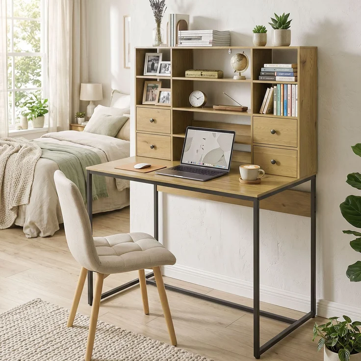 Computerschreibtisch mit 4 Schubladen, 105 x 60 cm, Schreibtisch mit Stauraum, offene Regale, 105 x 60 cm, Naturholz – Bild 10