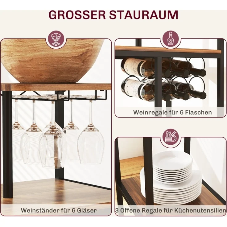 Bartisch mit Barhocker Set, 3-tlg, Bartisch-Set mit Klappbar Küchentisch, Weinglashalter Weinregal Ablage 2 Barstühlen, Stahlrahmen, im Modern, Essgruppe für Esszimmer, Küche, Braun--Braun--140x40x116cm--YOUDENOVA – Bild 4