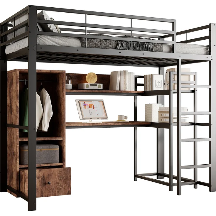 Hochbett, 140x200 cm , Metallbett, Mit LED-Leuchten, Schreibtisch, 1 Schubladen, Regale, Geländer, Treppe, ohne Matratze, Schwarz – Bild 8