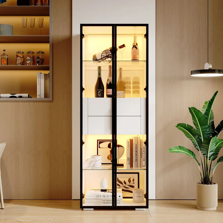 60*40*160cm Schrank,Vitrine Schranktür aus gehärtetem Glas,Vitrine Lagerschrank mit LED,2Glasboden,2Schubladen,Highboard,Wohnzimmerschrank,Aufbewahrungsschrank,Hochschrank,Sofaschrank,Weiß