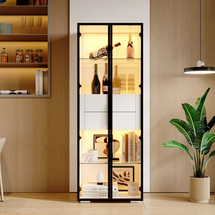 60*40*160cm Schrank,Vitrine Schranktür aus gehärtetem Glas,Vitrine Lagerschrank mit LED,2Glasboden,2Schubladen,Highboard,Wohnzimmerschrank,Aufbewahrungsschrank,Hochschrank,Sofaschrank,Weiß – Bild 1