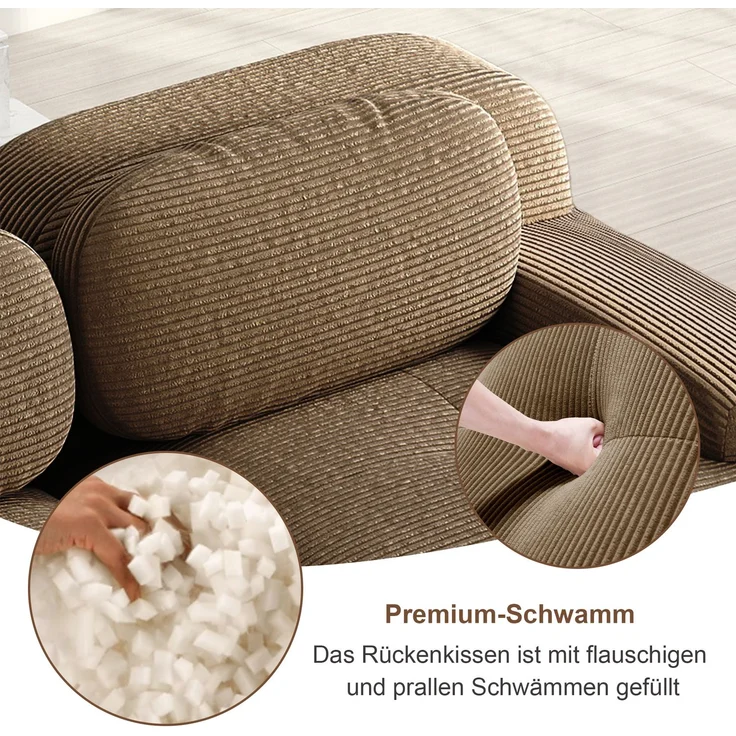 2-Sitzer Sofa 208x178x75 cm aus Cordstoff modular rahmenlos, braun – Bild 10